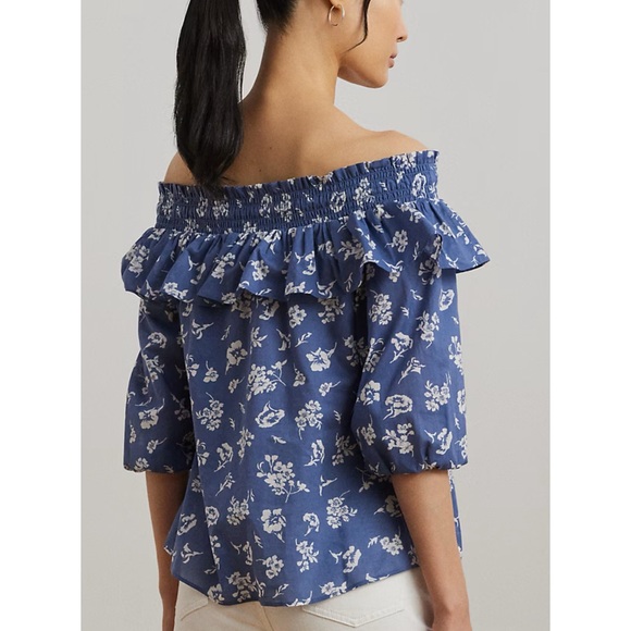 Ralph Lauren Blue Floral Off-Shoulder Blouse - Picture 5 of 10